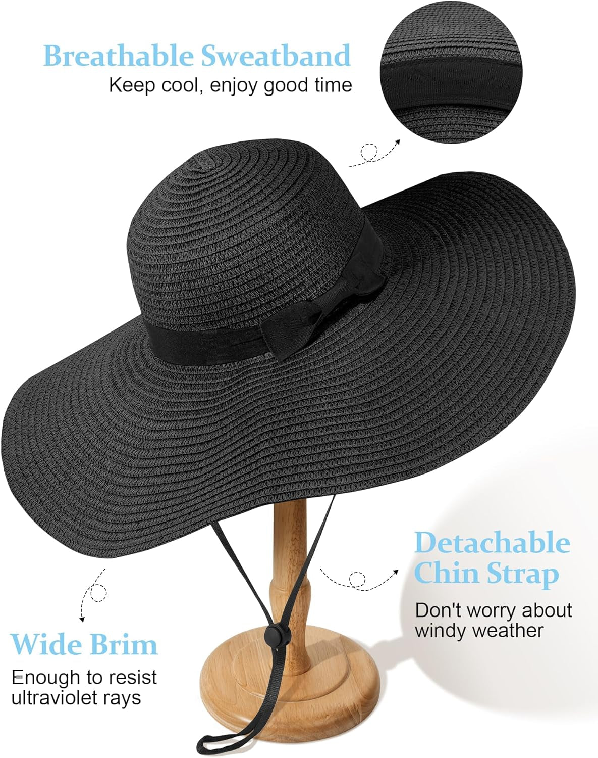 Sun Hats for Women Oversize Wide Brim Straw Beach Hat UV Protection Floppy Foldable Roll-Up Travel Summer Vacation UPF 50+