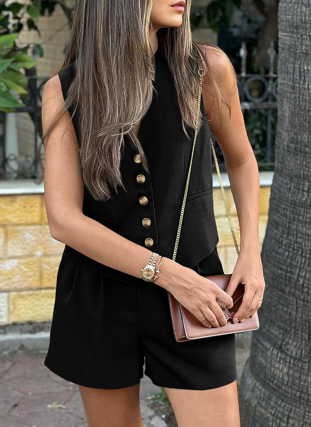 Women'S Summer 2 Piece Outfits Sleeveless Matching Sets Button down V Neck Vest Waistcoat and Pockets Shorts