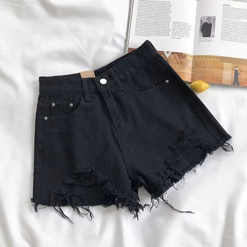 Korean Denim Holes Shorts for Women Fashion High Waistwide Leg Short Jeans Female Designer Casual Street Short 2024 New