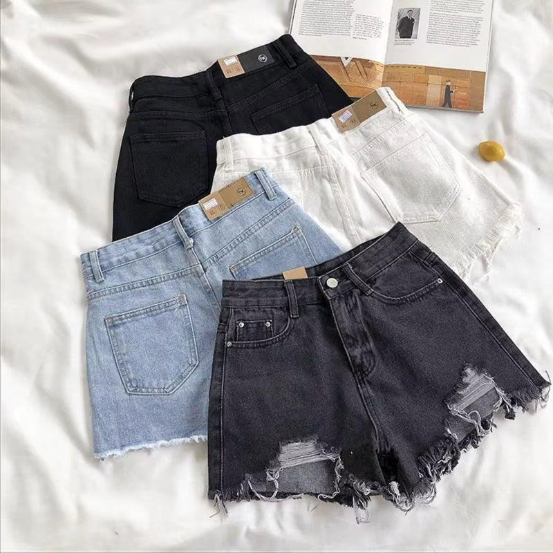 Korean Denim Holes Shorts for Women Fashion High Waistwide Leg Short Jeans Female Designer Casual Street Short 2024 New