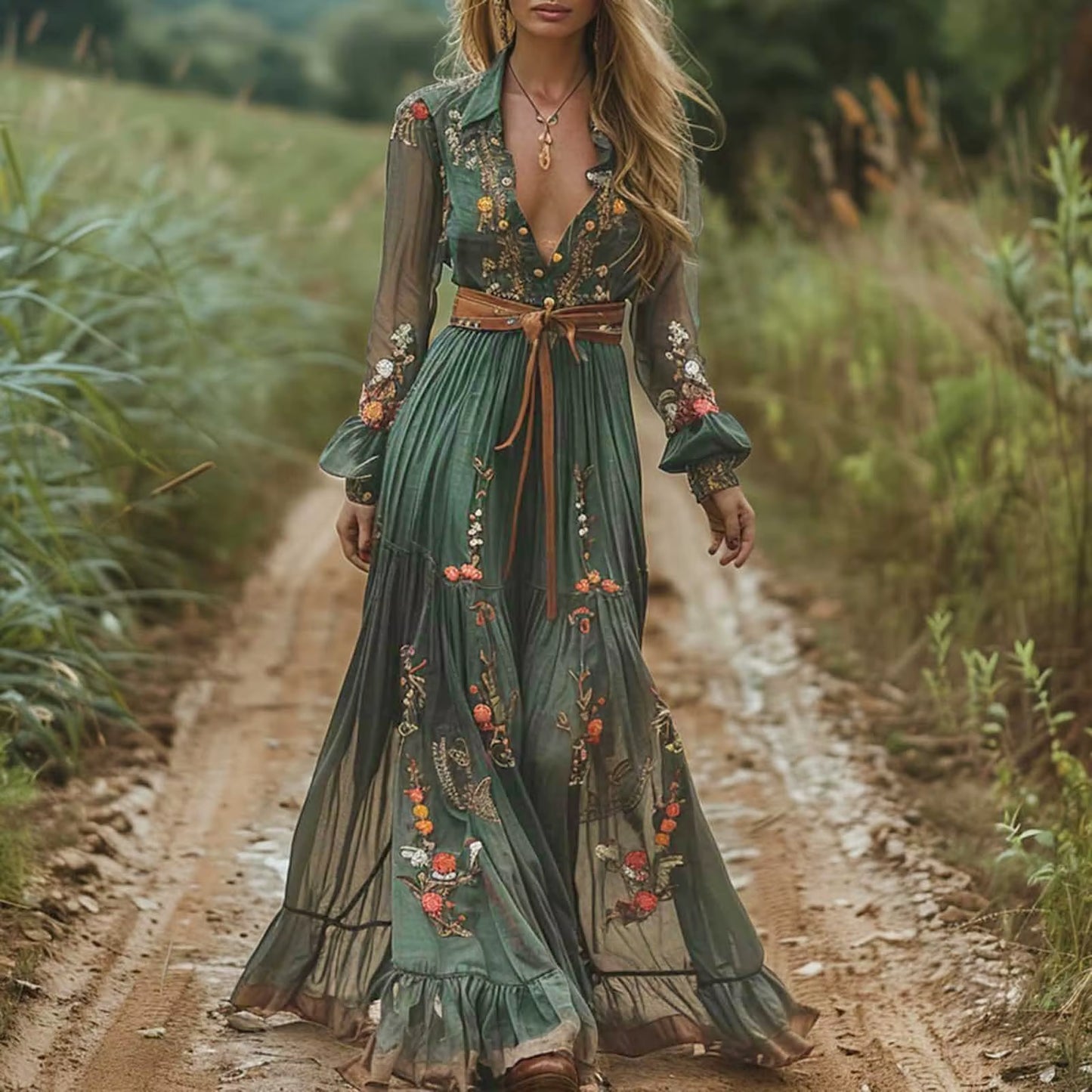 Ethnic Retro Floral Print Pleated Long Dress Sexy Shirt Collar Buttons Women Party Dress Fall Long Sleeve Boho Maxi Dress 2025