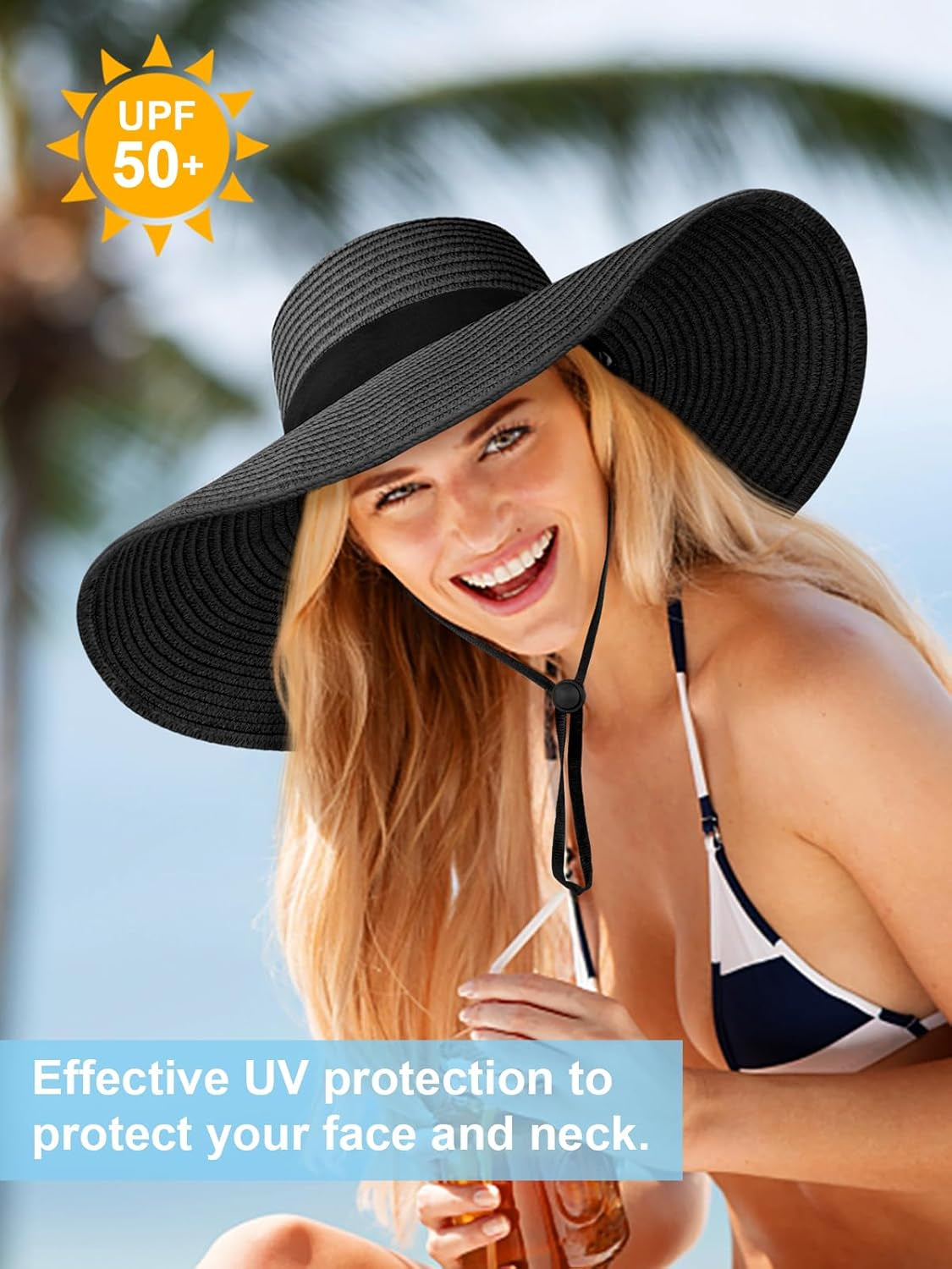 Sun Hats for Women Oversize Wide Brim Straw Beach Hat UV Protection Floppy Foldable Roll-Up Travel Summer Vacation UPF 50+