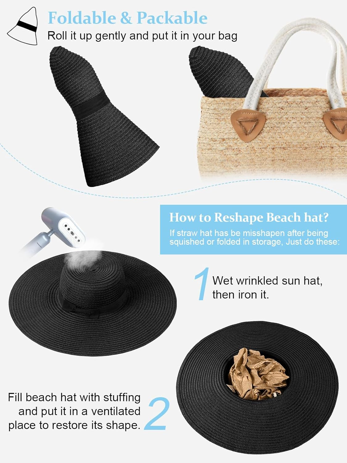 Sun Hats for Women Oversize Wide Brim Straw Beach Hat UV Protection Floppy Foldable Roll-Up Travel Summer Vacation UPF 50+