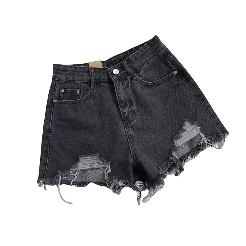 Korean Denim Holes Shorts for Women Fashion High Waistwide Leg Short Jeans Female Designer Casual Street Short 2024 New