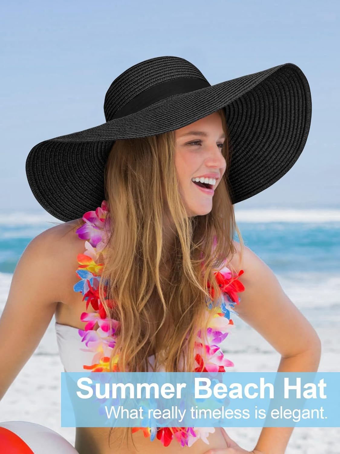 Sun Hats for Women Oversize Wide Brim Straw Beach Hat UV Protection Floppy Foldable Roll-Up Travel Summer Vacation UPF 50+