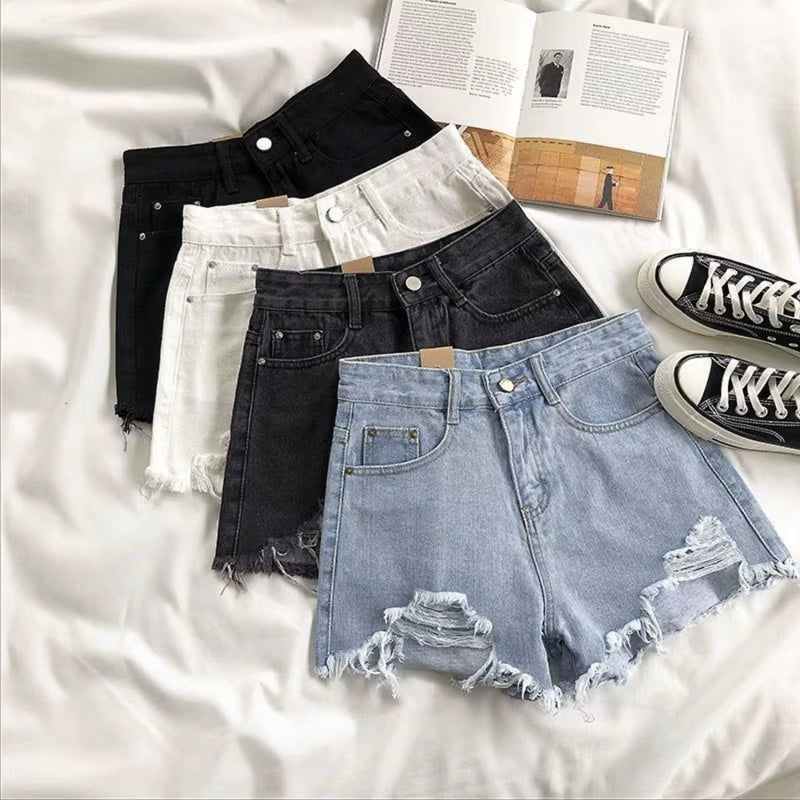 Korean Denim Holes Shorts for Women Fashion High Waistwide Leg Short Jeans Female Designer Casual Street Short 2024 New