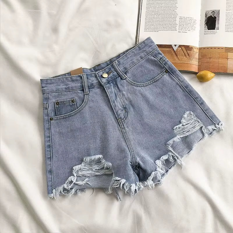 Korean Denim Holes Shorts for Women Fashion High Waistwide Leg Short Jeans Female Designer Casual Street Short 2024 New