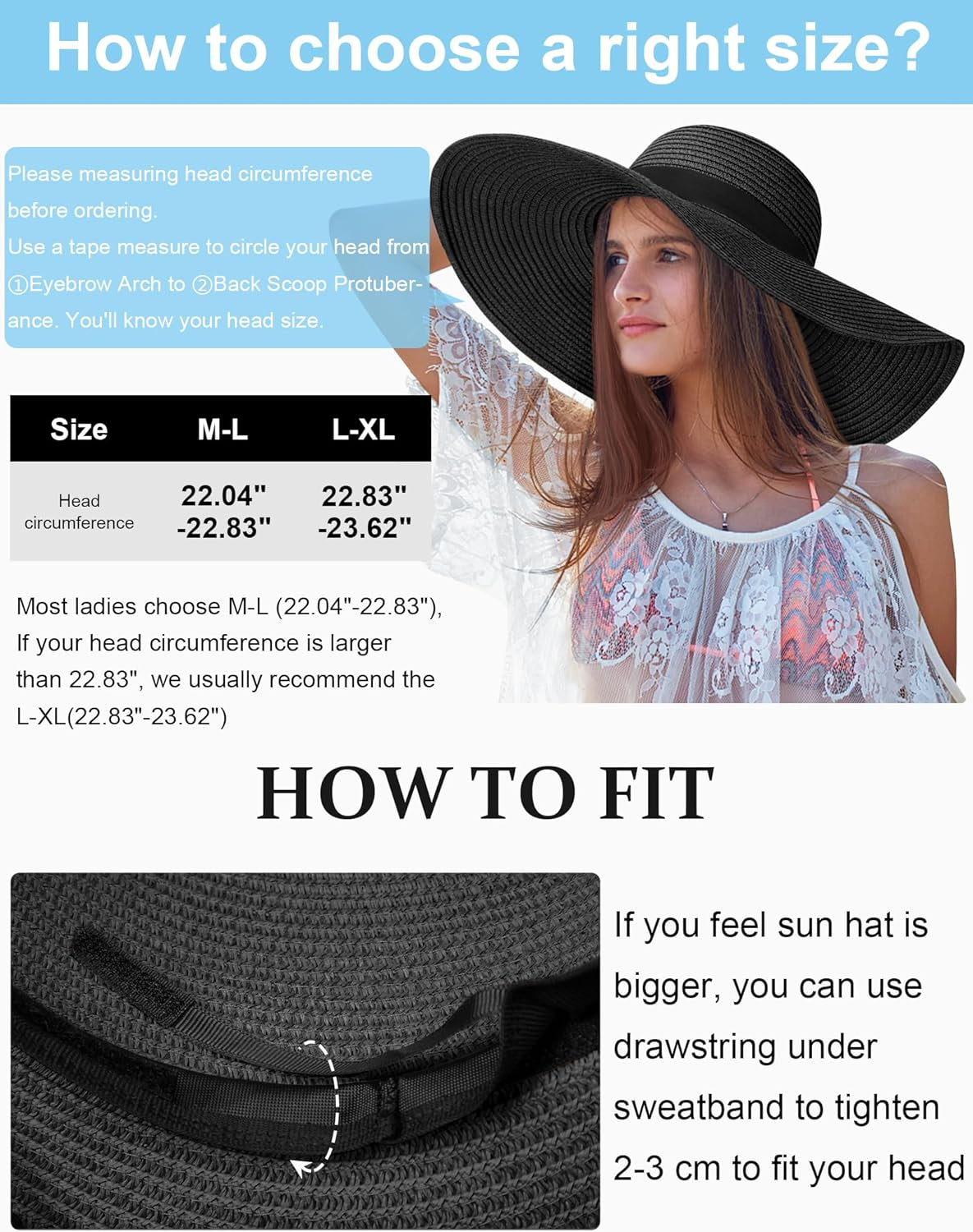 Sun Hats for Women Oversize Wide Brim Straw Beach Hat UV Protection Floppy Foldable Roll-Up Travel Summer Vacation UPF 50+