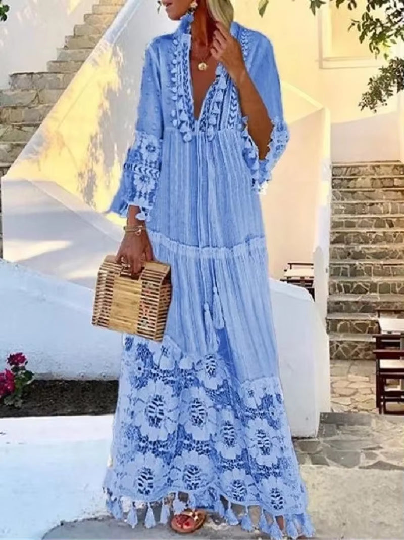 Holiday Dress Solid Hollow Out V-Neck Lace Sexy Dresses Bohemian Style Big Size Dress Vestidos Tassel Sexy Boho Long Dress Women