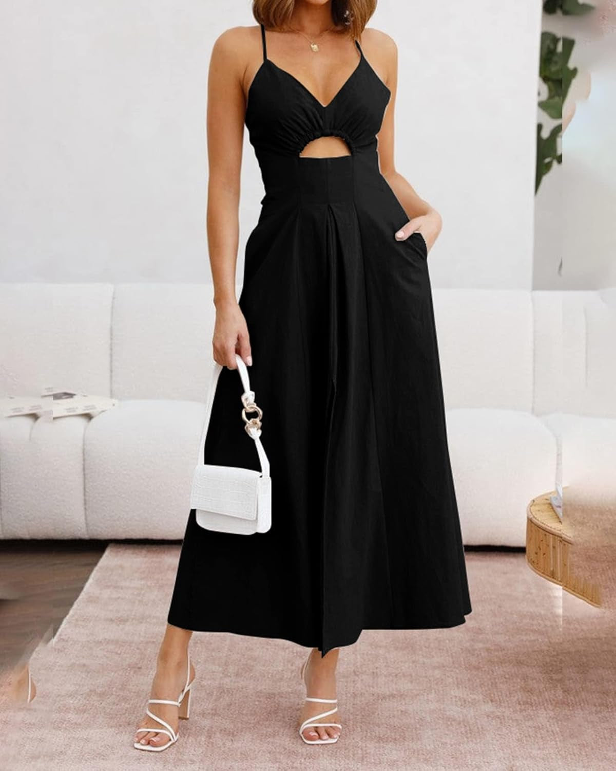 Women 2025 Summer Spaghetti Strap Midi Dress Sleeveless V Neck Cutout Slit Casual Beach Party Maxi Dresses Pockets