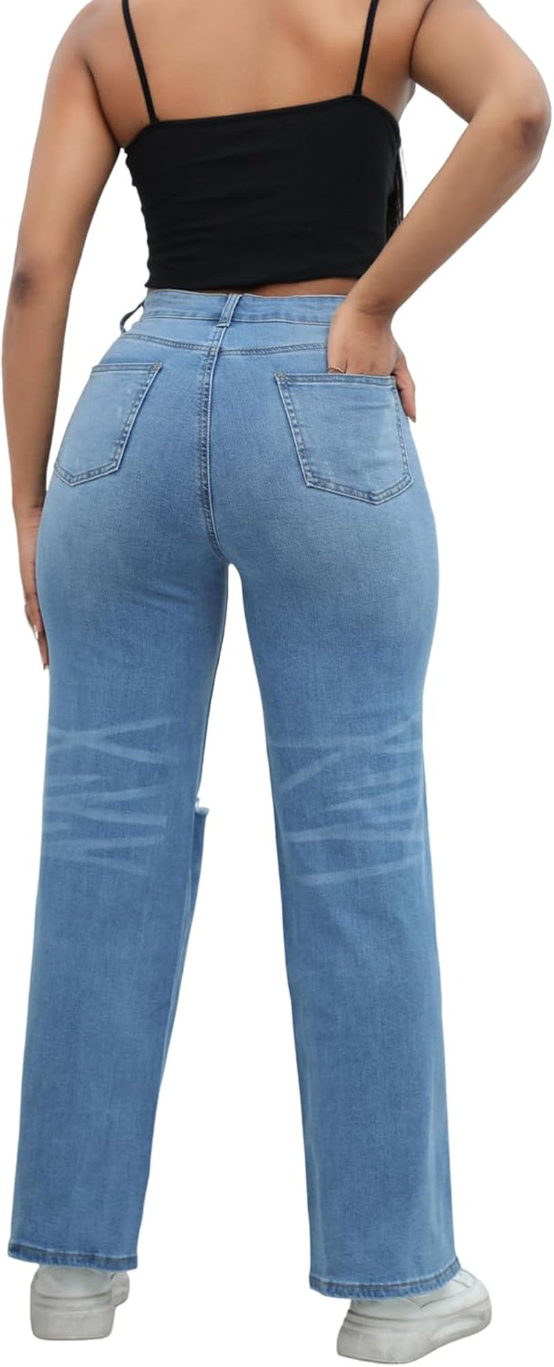 Womens High Waisted Wide Leg Jeans Stretchy Distressed Denim Pants