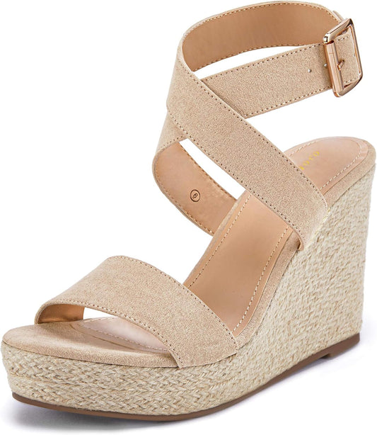 Women'S Wedge Sandals Cross Strap Espadrille Platform Ankle Buckle Summer Casual Shoes