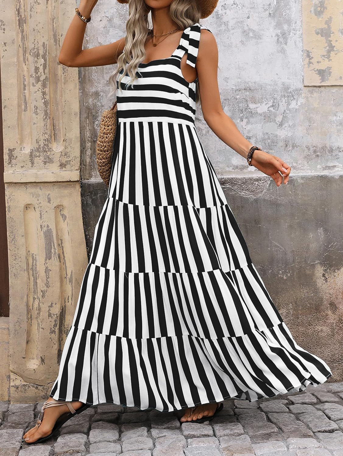 Womens Dresses 2025 Summer Floral Sleeveless Maxi Dress Casual Spaghetti Strap Tiered Flowy Beach Long Dress