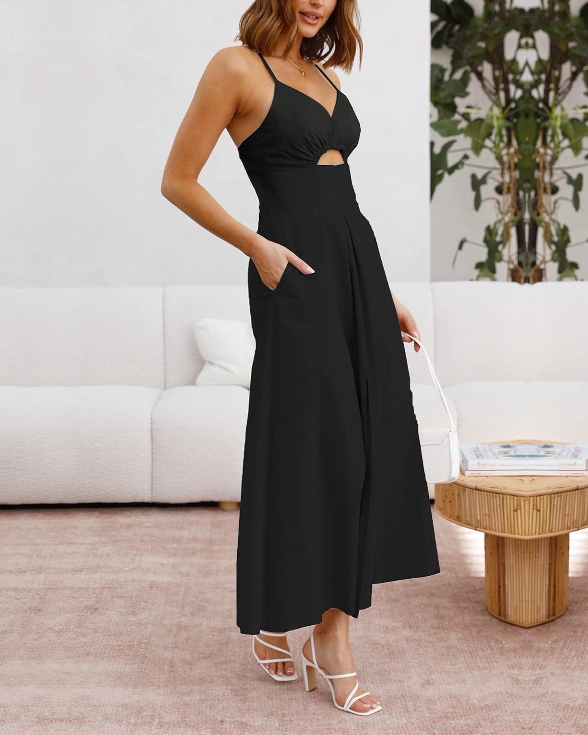 Women 2025 Summer Spaghetti Strap Midi Dress Sleeveless V Neck Cutout Slit Casual Beach Party Maxi Dresses Pockets