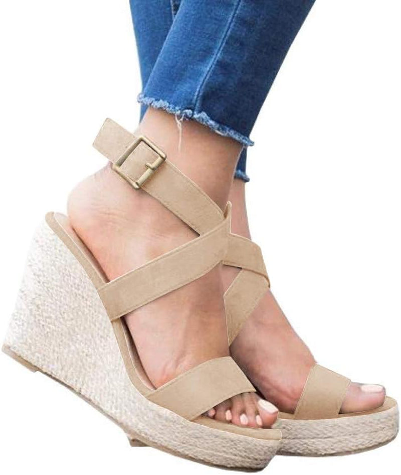 Women'S Wedge Sandals Cross Strap Espadrille Platform Ankle Buckle Summer Casual Shoes