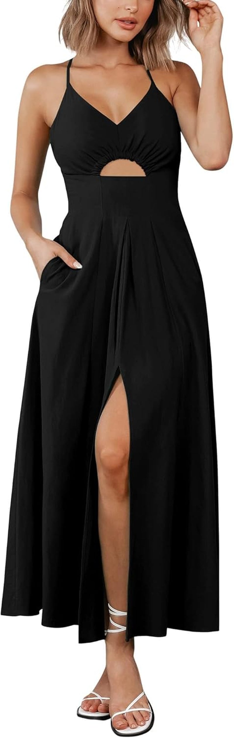 Women 2025 Summer Spaghetti Strap Midi Dress Sleeveless V Neck Cutout Slit Casual Beach Party Maxi Dresses Pockets