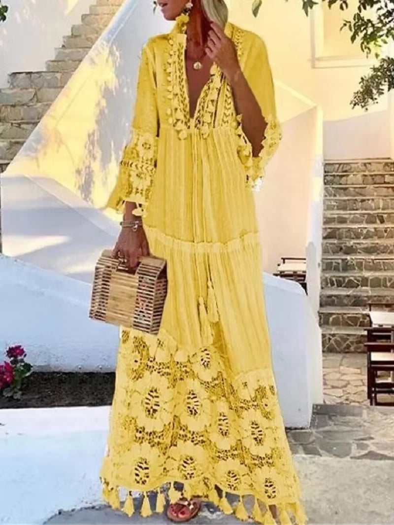 Holiday Dress Solid Hollow Out V-Neck Lace Sexy Dresses Bohemian Style Big Size Dress Vestidos Tassel Sexy Boho Long Dress Women