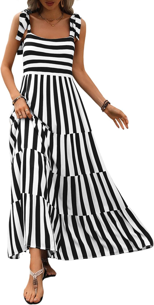 Womens Dresses 2025 Summer Floral Sleeveless Maxi Dress Casual Spaghetti Strap Tiered Flowy Beach Long Dress