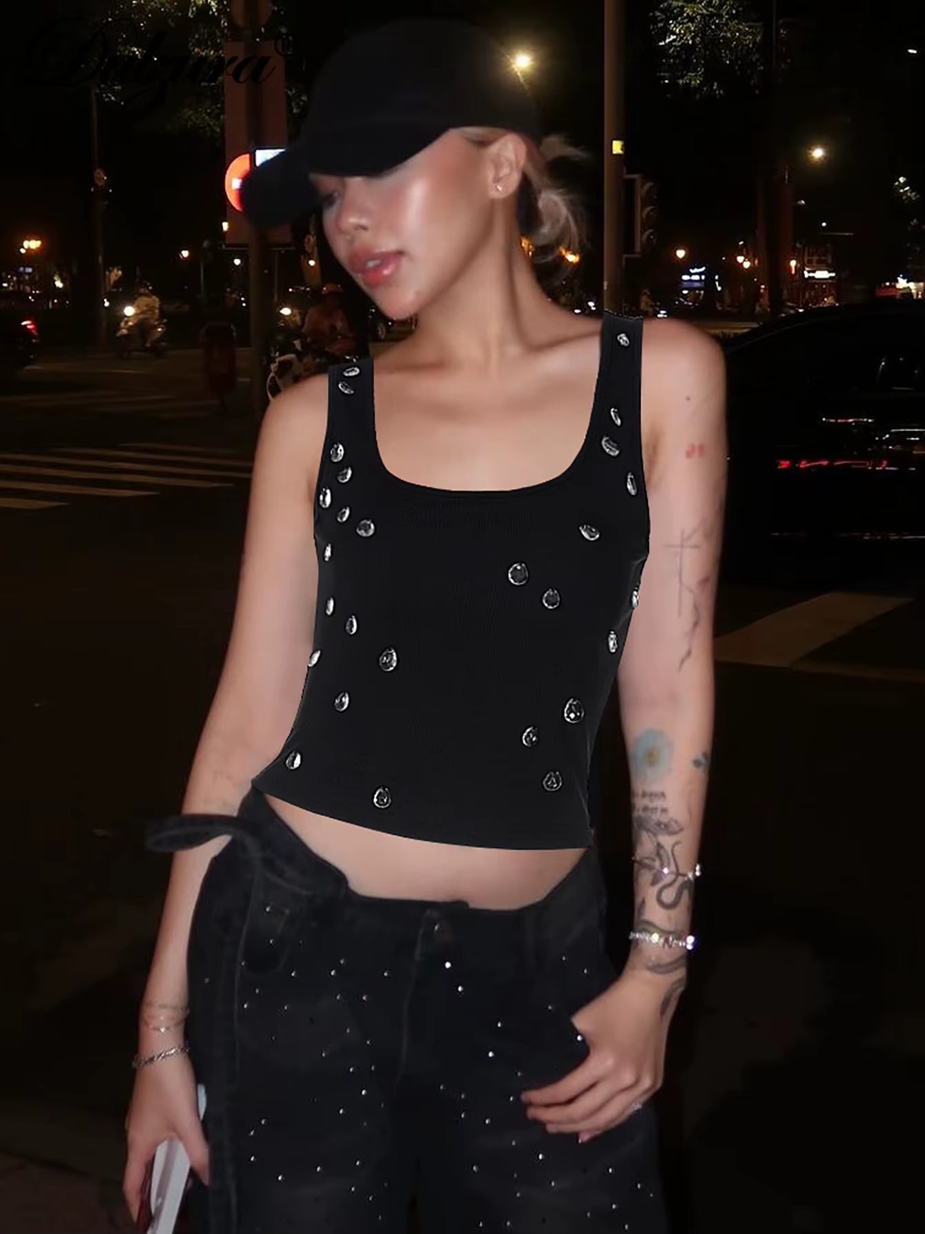 Ribbed Sleeveless Water Droplets Diamond Decorated Tank Sexy Casual Bodycon Top Party Club Streetwear Spring Summer