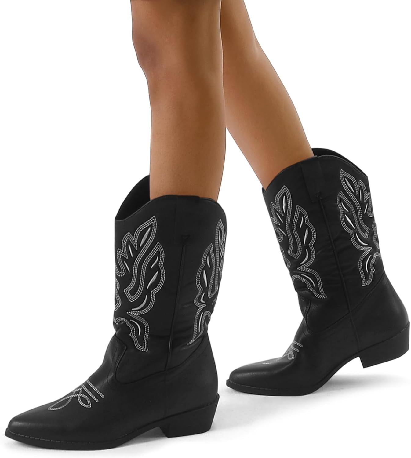 Women'S Western Cowboy Boots Embroidered Mid-Calf Pointed Toe Cowgirl Boot