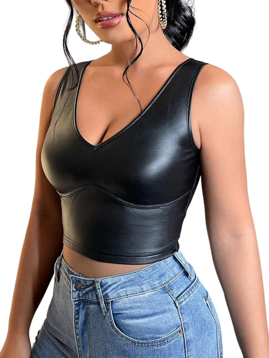 Women'S PU Leather V Neck Solid Sleeveless Camisole Crop Tank Top