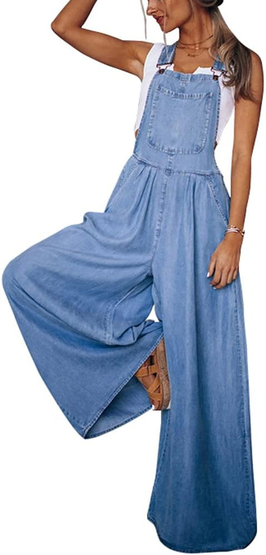 Women'S Loose Adjustable Strap Wide Leg Denim Bib Overall Jeans Pants
