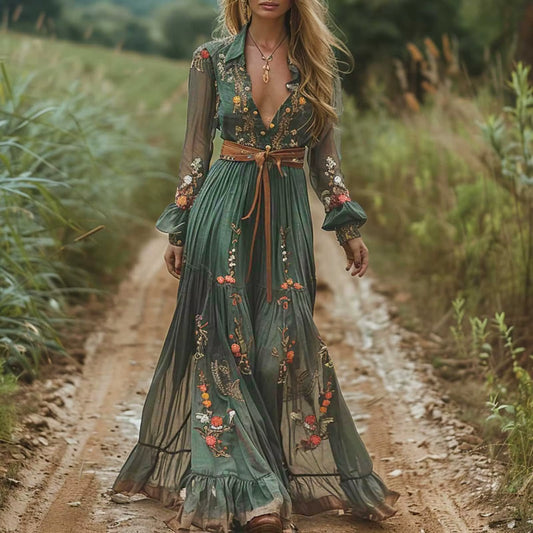 Ethnic Retro Floral Print Pleated Long Dress Sexy Shirt Collar Buttons Women Party Dress Fall Long Sleeve Boho Maxi Dress 2025