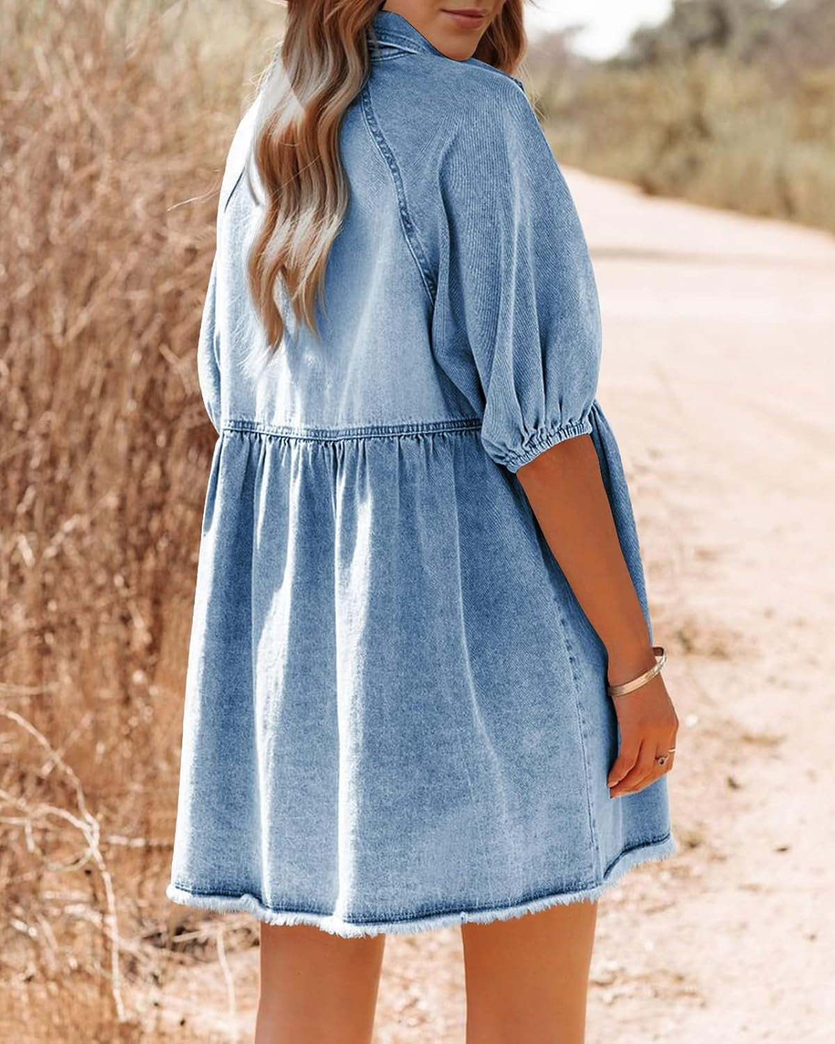 Womens Summer Denim Dress Button down Short Sleeve Babydoll Dress Puff Sleeve Flowy Jean Dress