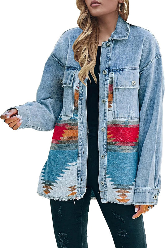 Women'S Aztec Denim Jacket Distressed Lapel Long Sleeve Vintage Button down Denim Jacket Shacket