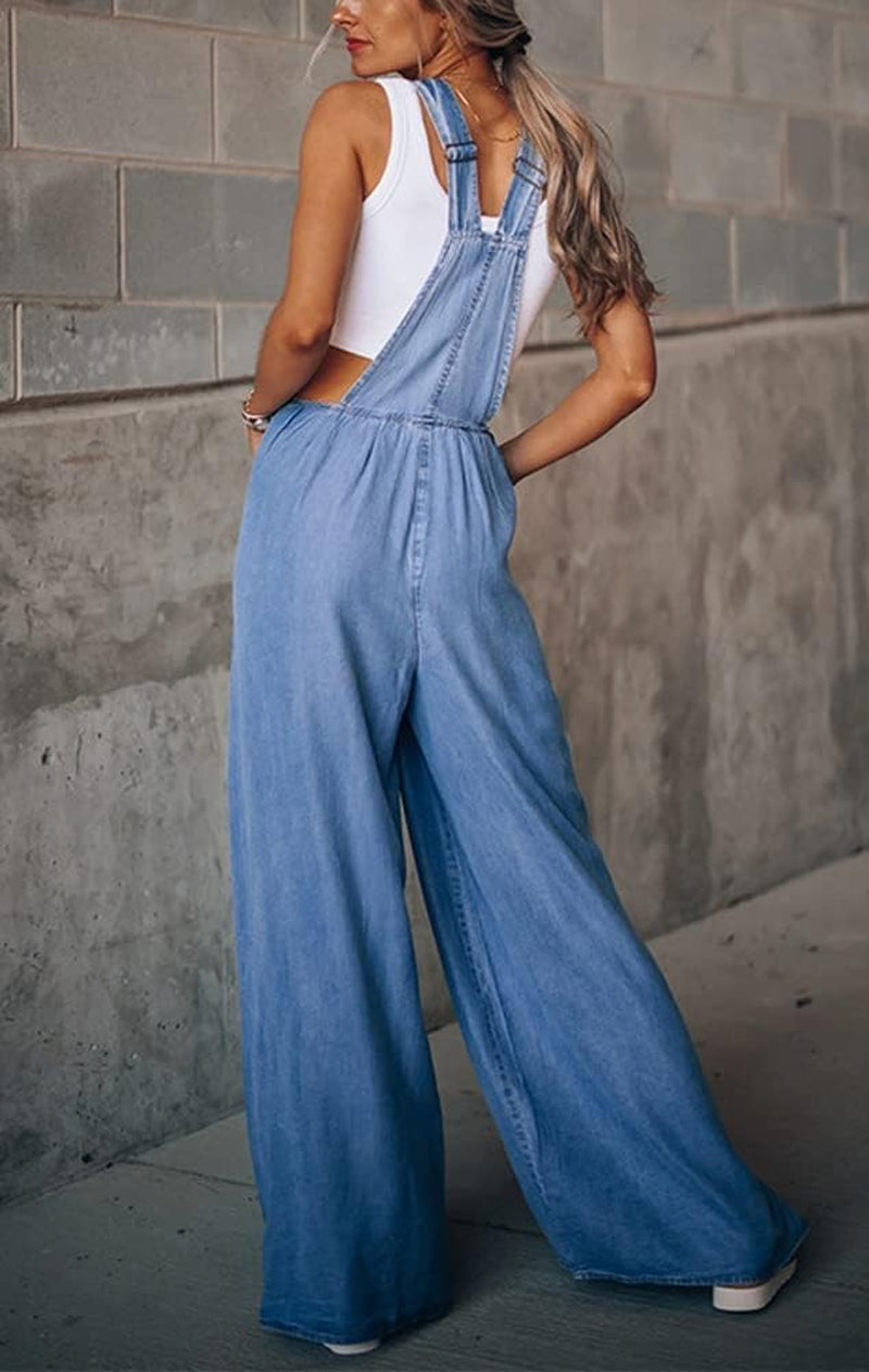 Women'S Loose Adjustable Strap Wide Leg Denim Bib Overall Jeans Pants
