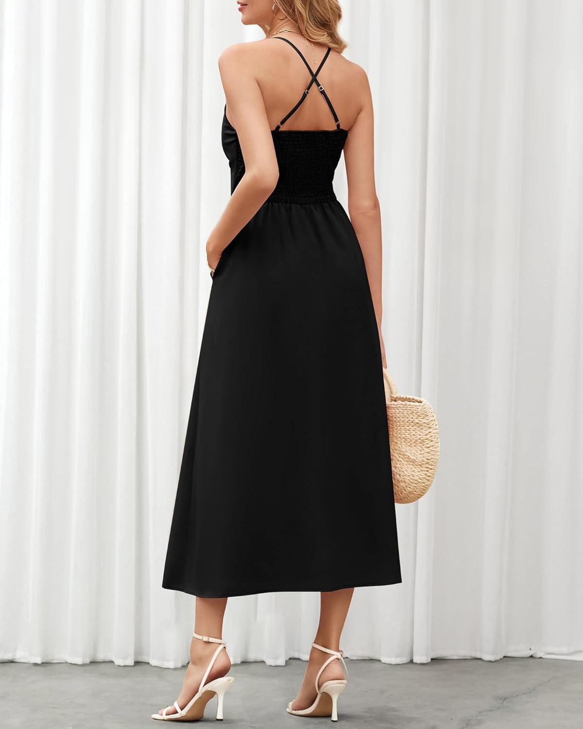 Women 2025 Summer Spaghetti Strap Midi Dress Sleeveless V Neck Cutout Slit Casual Beach Party Maxi Dresses Pockets
