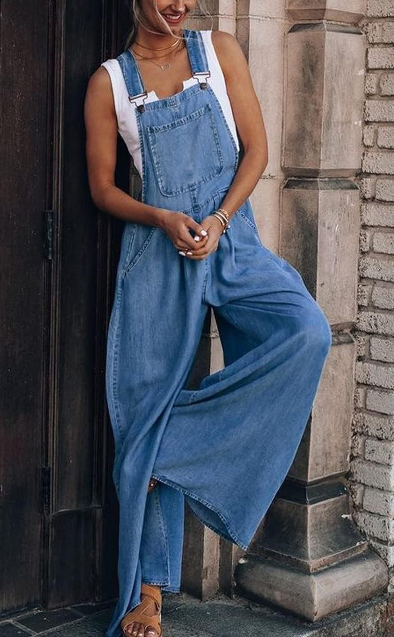 Women'S Loose Adjustable Strap Wide Leg Denim Bib Overall Jeans Pants