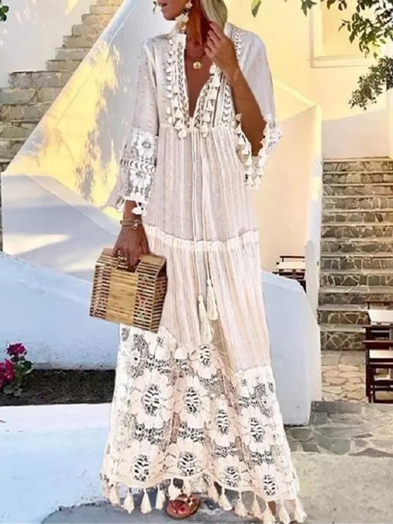 Holiday Dress Solid Hollow Out V-Neck Lace Sexy Dresses Bohemian Style Big Size Dress Vestidos Tassel Sexy Boho Long Dress Women