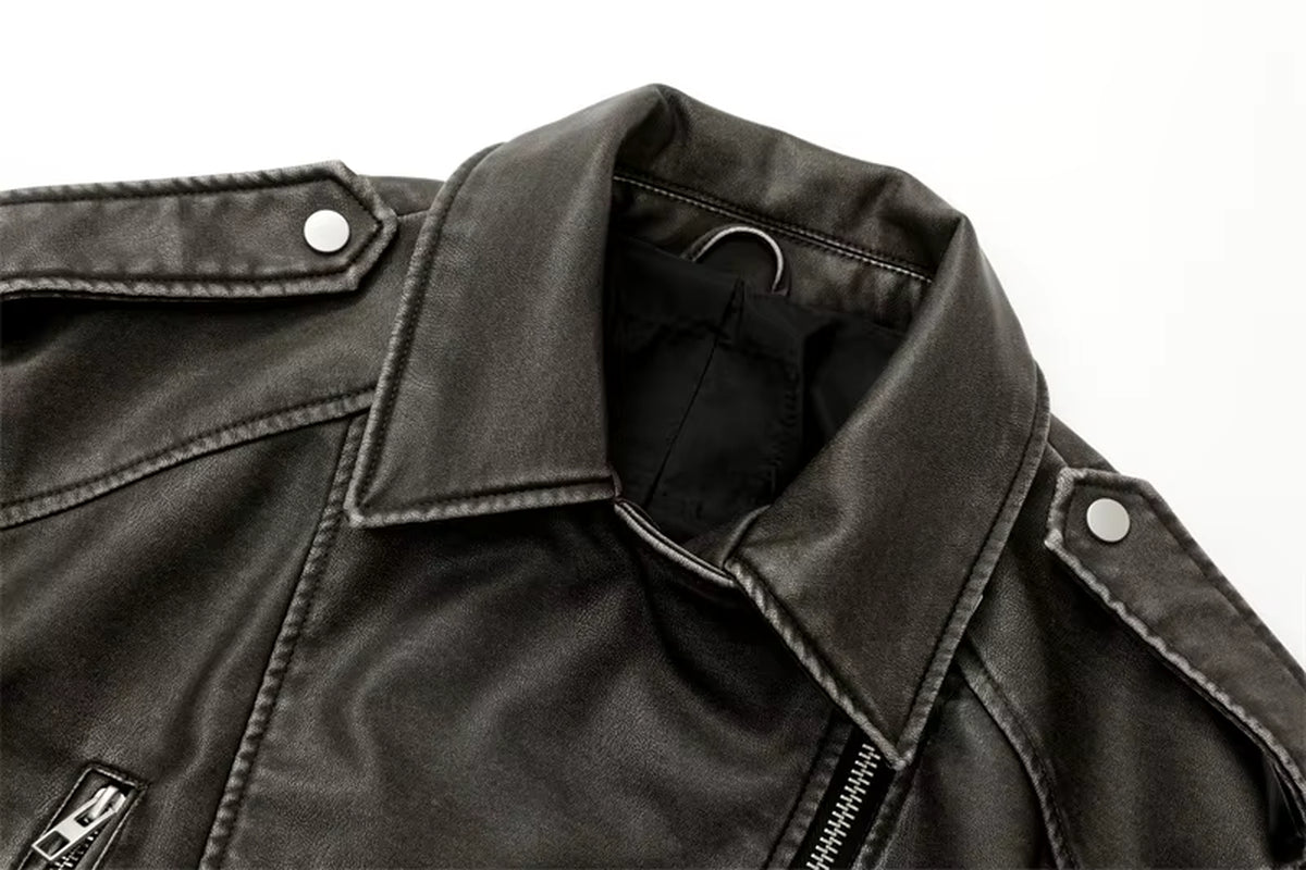 2024New Coal Graysty Le Women'S Washed Leather Jacket with Belt, Short Coat with Downgraded Zipper and Vintage Lapel Jacket