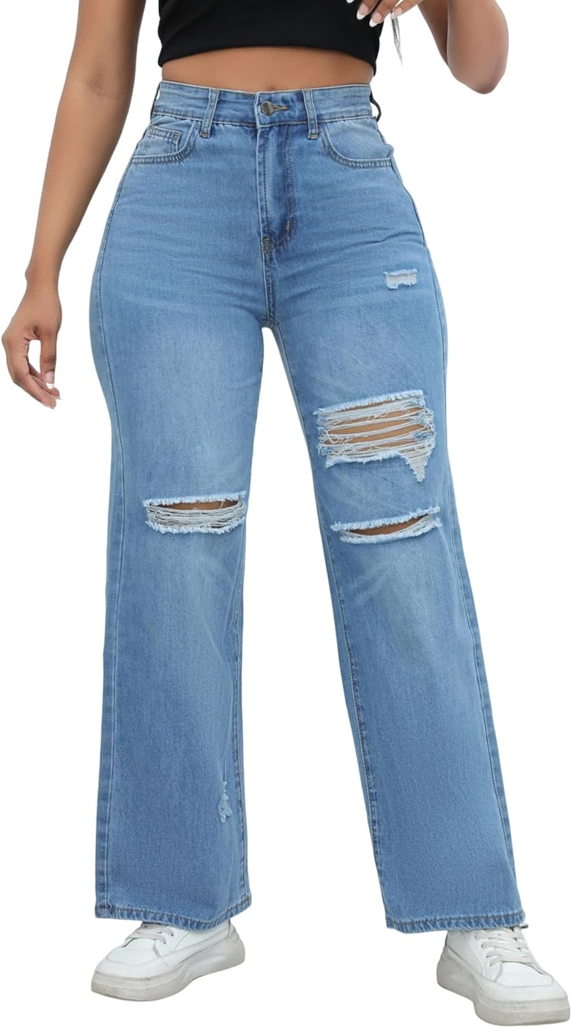 Womens High Waisted Wide Leg Jeans Stretchy Distressed Denim Pants