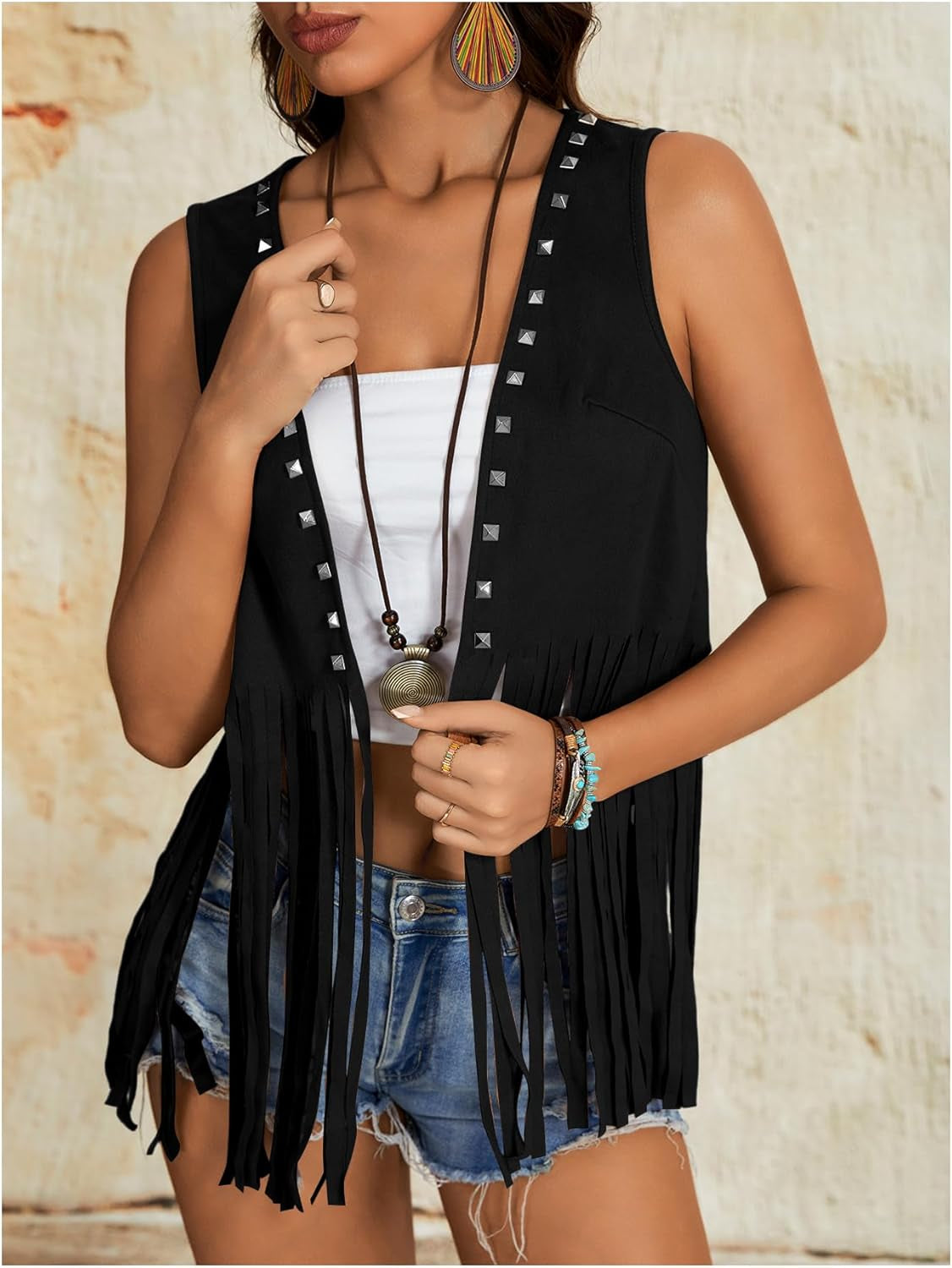 Women'S Fringe Rivets Sleeveless Vest Cardigan Casual Tassel Outerwear