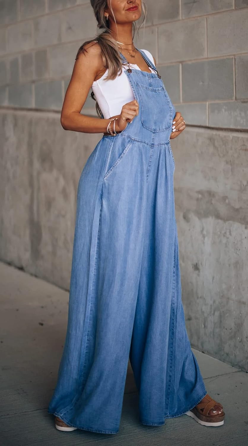 Women'S Loose Adjustable Strap Wide Leg Denim Bib Overall Jeans Pants