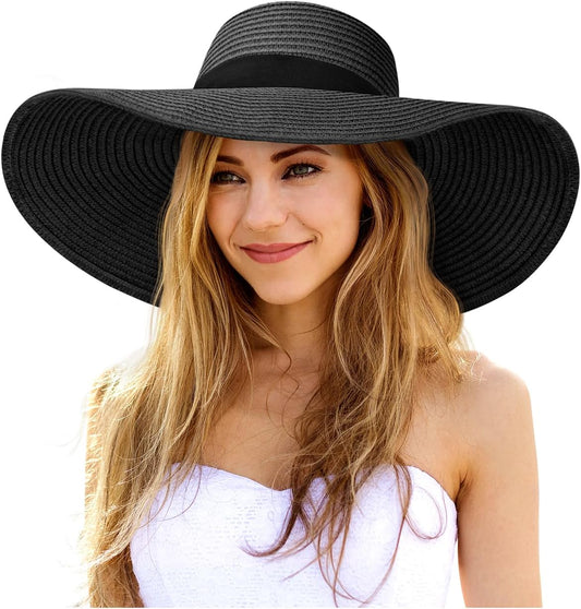 Sun Hats for Women Oversize Wide Brim Straw Beach Hat UV Protection Floppy Foldable Roll-Up Travel Summer Vacation UPF 50+