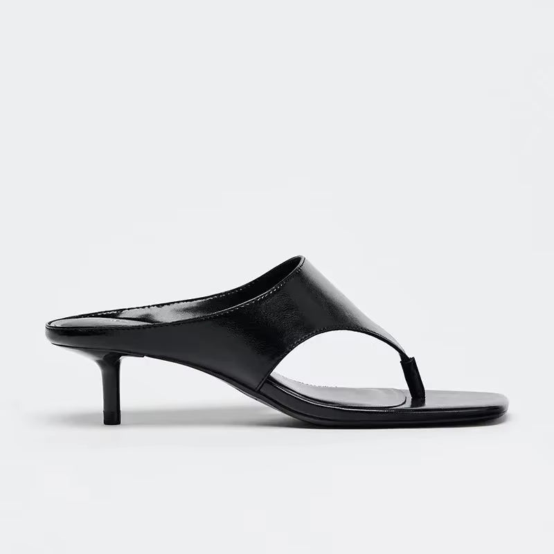 Spring Summer New Mid Heel Sandals Women'S Slimming High Heels Flat Head Toe Straps Shoes Comfortable Breathable Slip-On Sandals