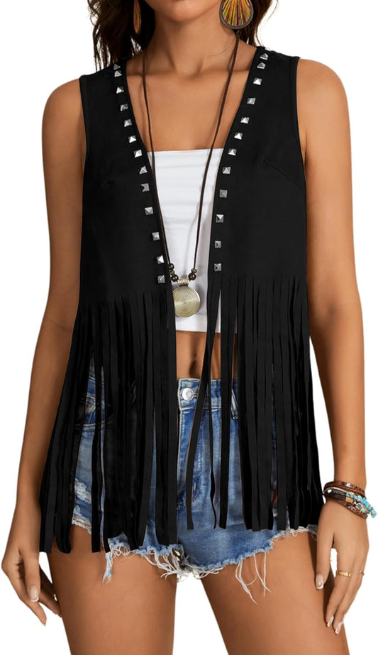 Women'S Fringe Rivets Sleeveless Vest Cardigan Casual Tassel Outerwear