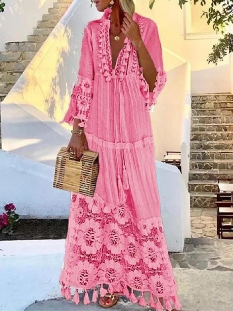 Holiday Dress Solid Hollow Out V-Neck Lace Sexy Dresses Bohemian Style Big Size Dress Vestidos Tassel Sexy Boho Long Dress Women