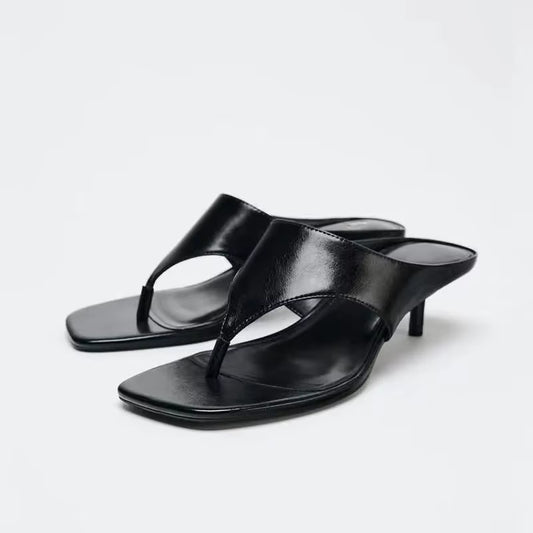 Spring Summer New Mid Heel Sandals Women'S Slimming High Heels Flat Head Toe Straps Shoes Comfortable Breathable Slip-On Sandals