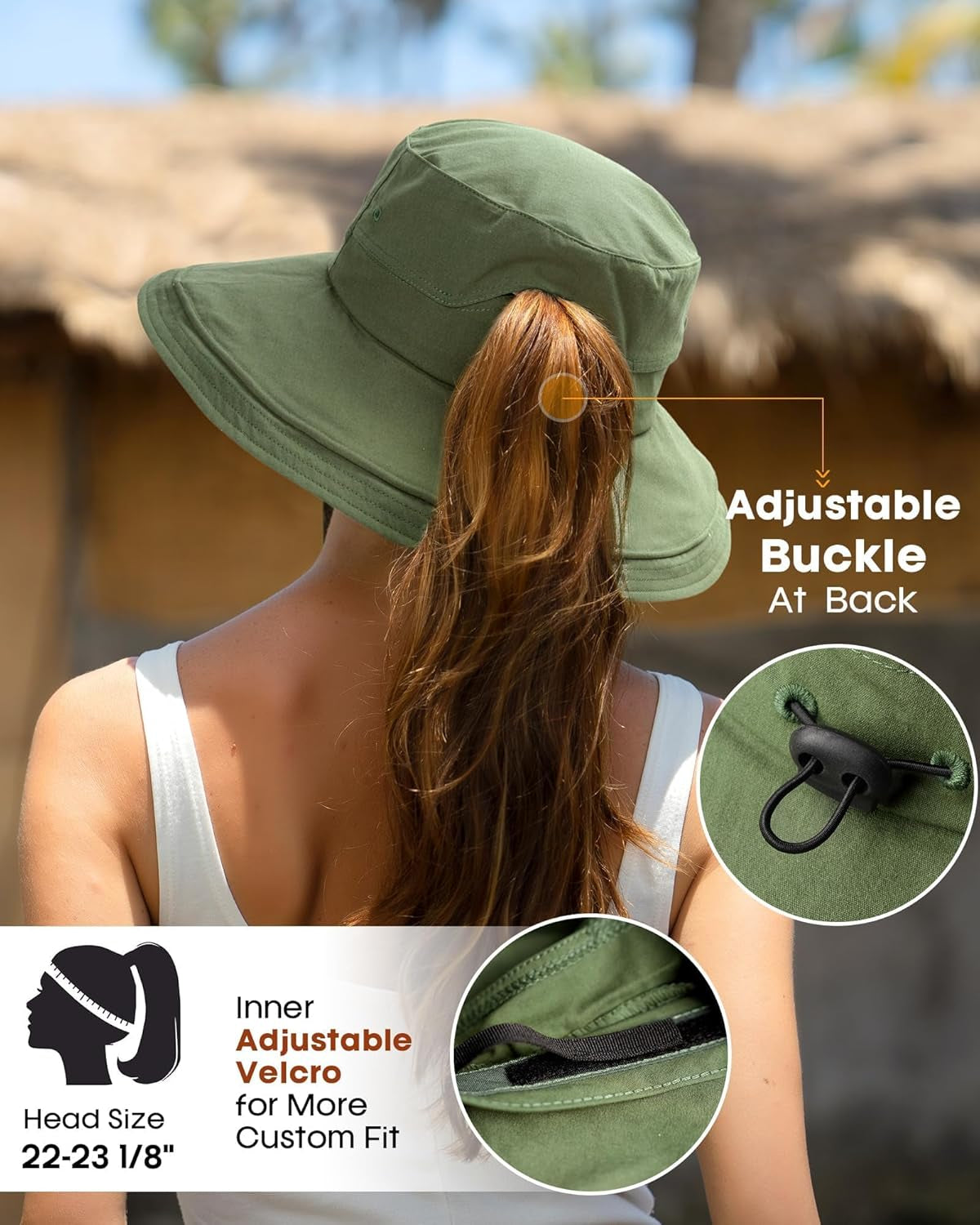 Sun Hats for Women Gardening Hat Wide Brim Ponytail Beach Sun Protection Breathable Cotton Summer Hat with Fold-Up Brim