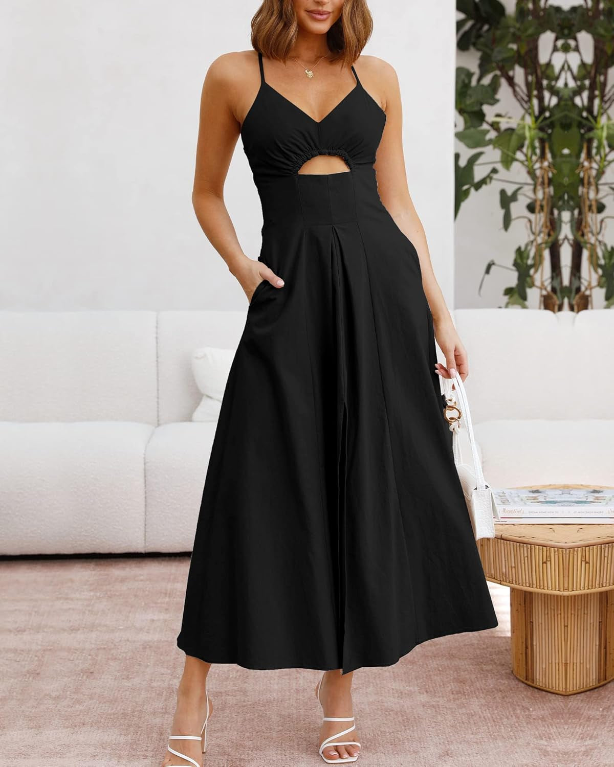 Women 2025 Summer Spaghetti Strap Midi Dress Sleeveless V Neck Cutout Slit Casual Beach Party Maxi Dresses Pockets