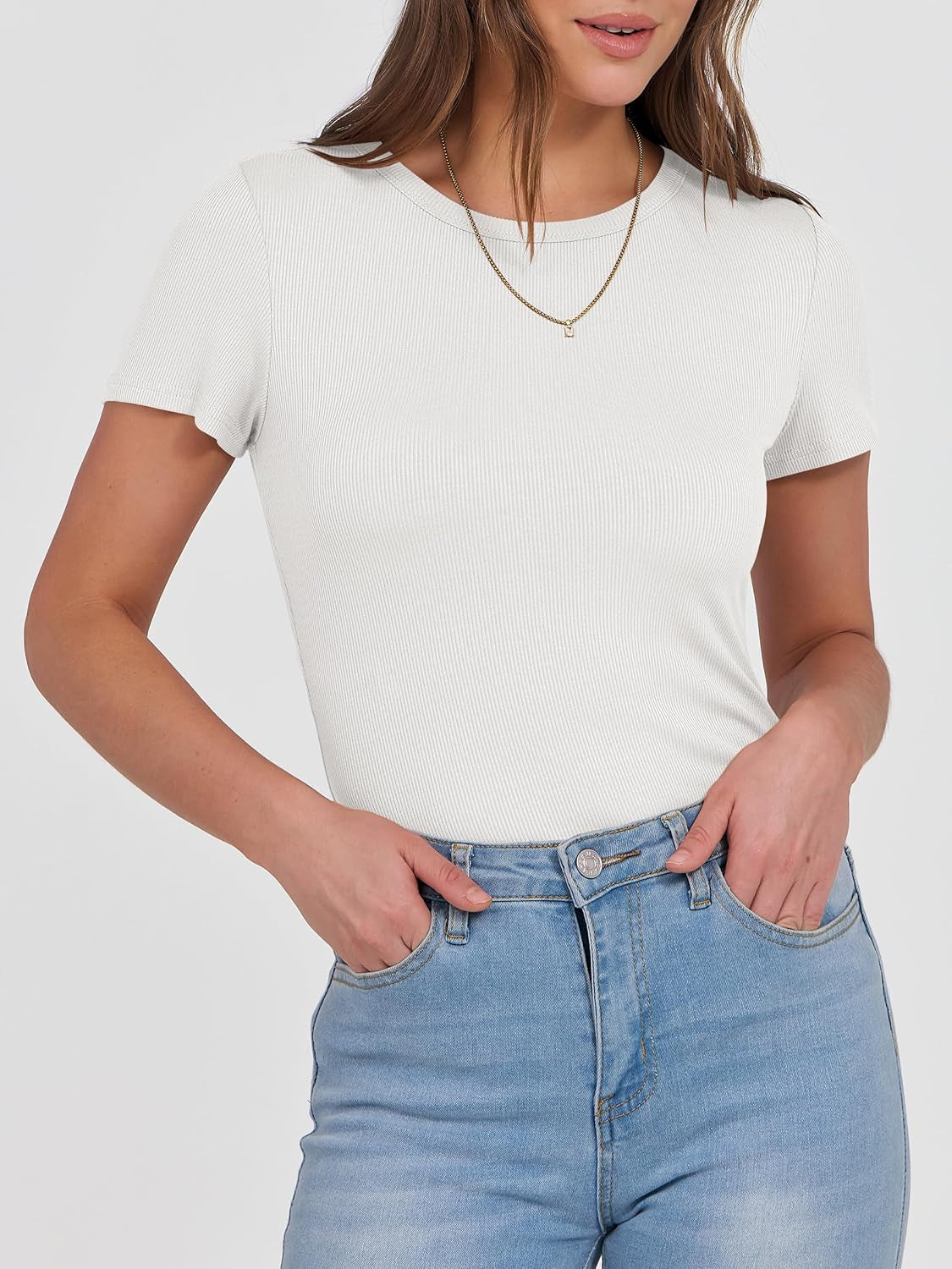 Women Short Sleeve Crewneck Ribbed Knit Slim Fitted Shirts Summer Tops Basic Tee T-Shirt Undershirt 2025 Clothes