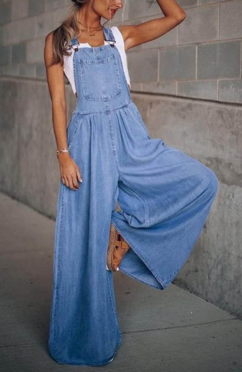 Women'S Loose Adjustable Strap Wide Leg Denim Bib Overall Jeans Pants