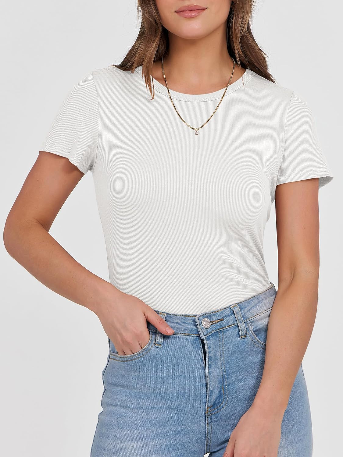Women Short Sleeve Crewneck Ribbed Knit Slim Fitted Shirts Summer Tops Basic Tee T-Shirt Undershirt 2025 Clothes
