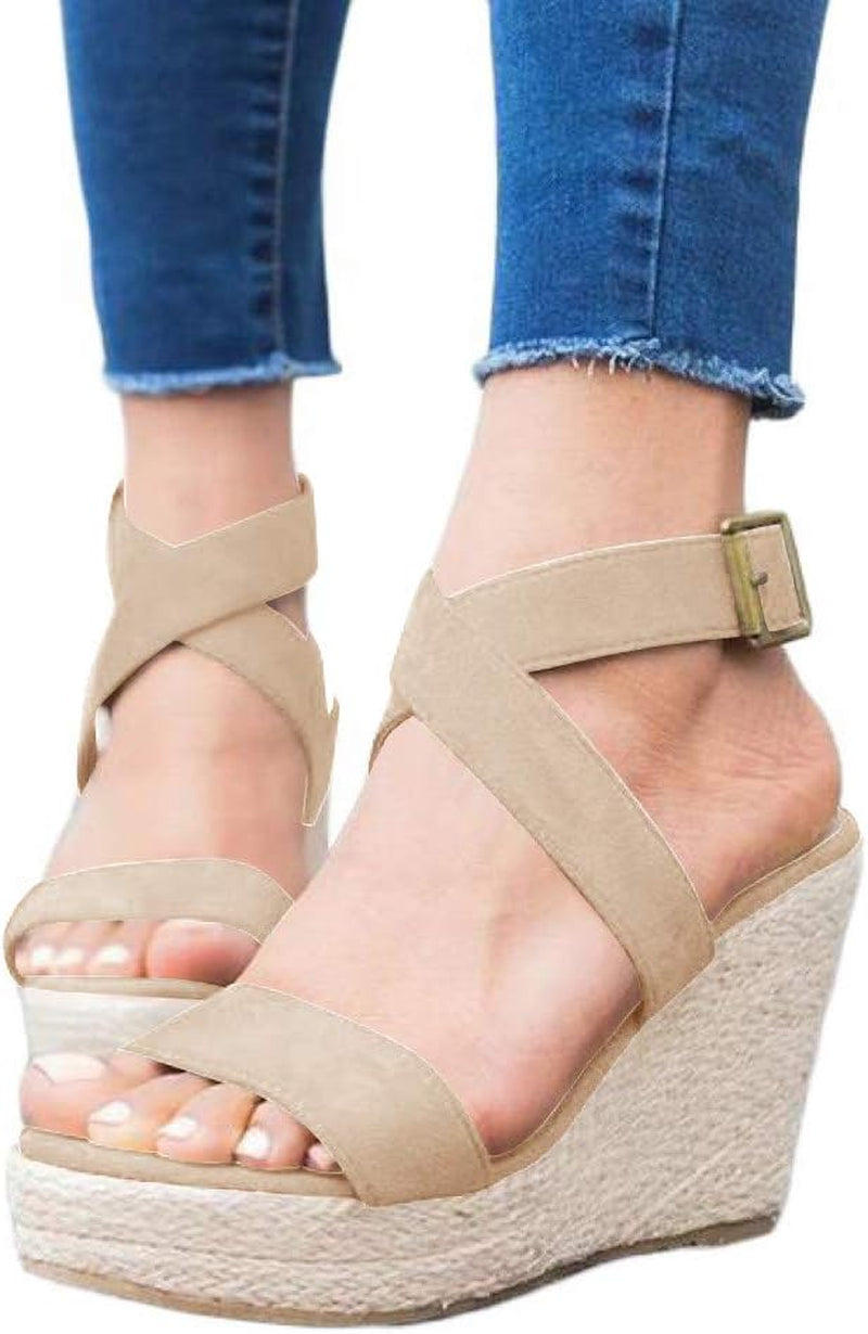 Women'S Wedge Sandals Cross Strap Espadrille Platform Ankle Buckle Summer Casual Shoes