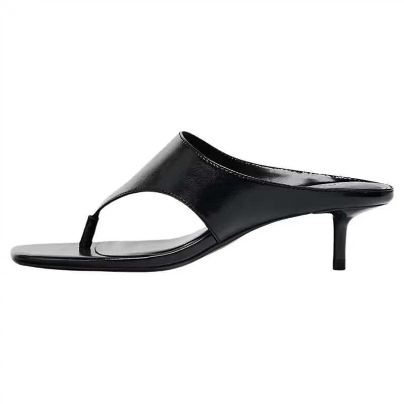 Spring Summer New Mid Heel Sandals Women'S Slimming High Heels Flat Head Toe Straps Shoes Comfortable Breathable Slip-On Sandals