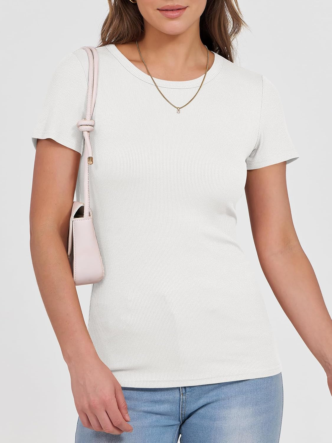Women Short Sleeve Crewneck Ribbed Knit Slim Fitted Shirts Summer Tops Basic Tee T-Shirt Undershirt 2025 Clothes